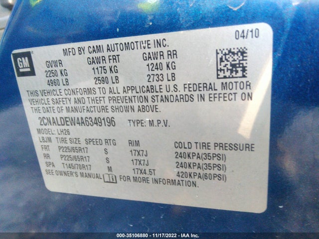 2010 CHEVROLET EQUINOX LT W/1LT VIN: 2CNALDEW4A6349196