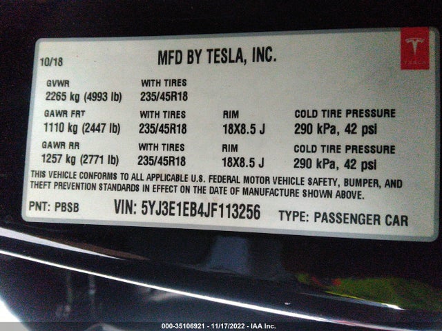 Tesla Model 3 Long Range 2018 5YJ3E1EB4JF113256 Image 10