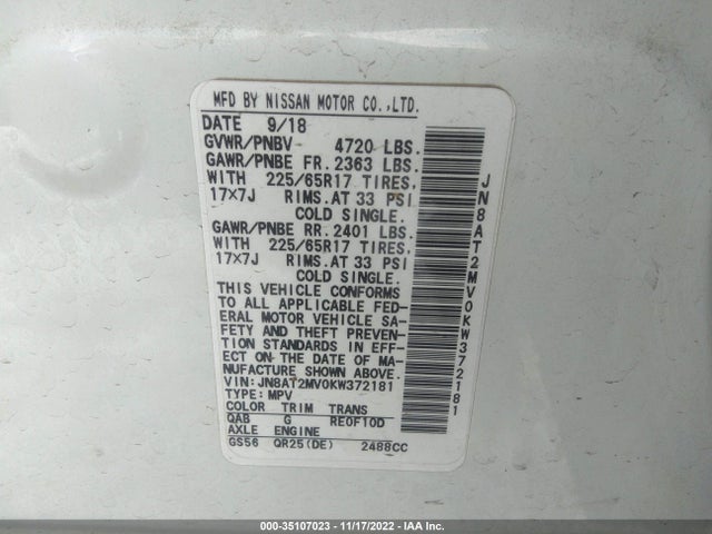 2019 NISSAN ROGUE SV VIN: JN8AT2MV0KW372181