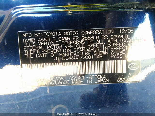 Lexus ES 350 2007 JTHBJ46G272081145 Image 14