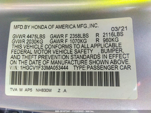 2021 Honda Accord, VIN: 1HGCV1F33MA053444