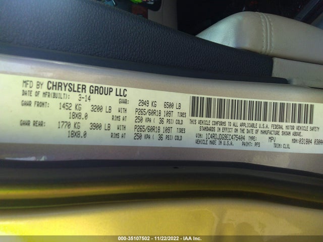 Dodge DURANGO LIMITED 2014 1C4RDJDG9EC475404 Image 10