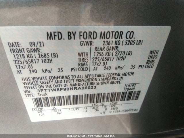 2022 Ford Maverick, VIN: 3FTTW8F98NRA06023