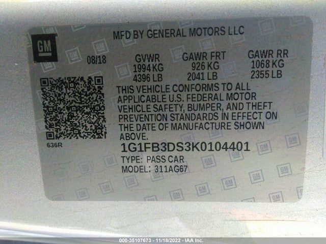 2019 Chevrolet Camaro, VIN: 1G1FB3DS3K0104401