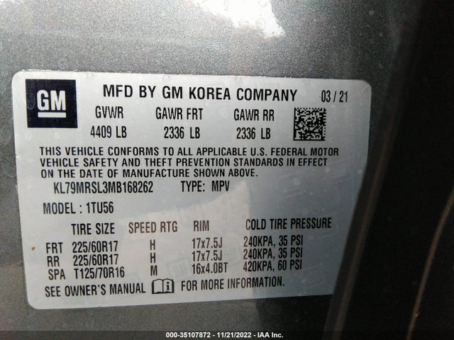 2021 Chevrolet Trailblazer, VIN: KL79MRSL3MB168262