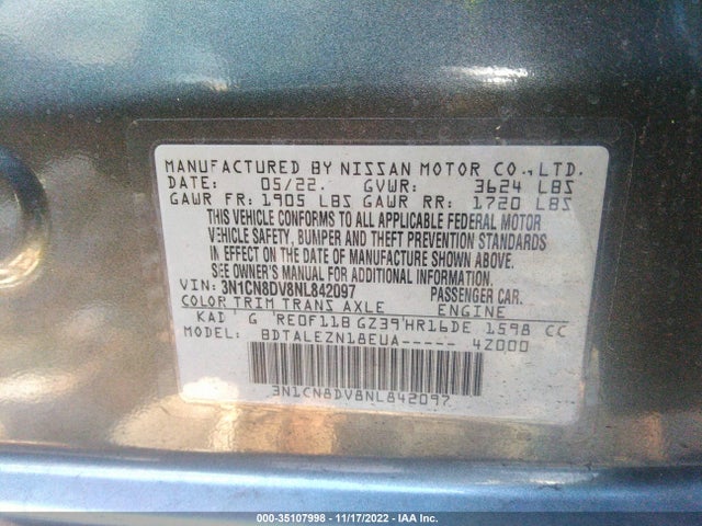 2022 Nissan Versa, VIN: 3N1CN8DV8NL842097
