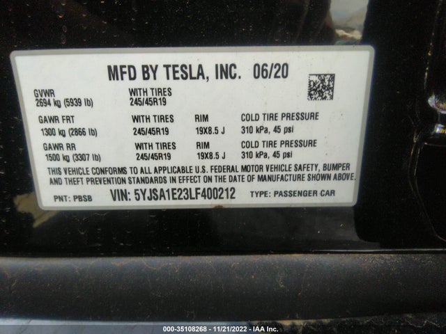 2020 Tesla Model S, VIN: 5YJSA1E23LF400212