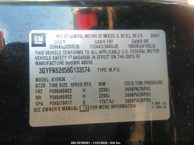 3GYFK62858G133574 Cadillac ESCALADE EXT