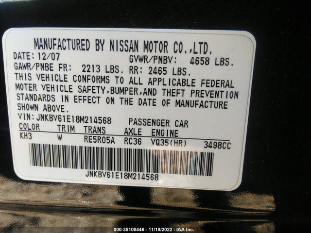 2008 INFINITI G35 SEDAN JOURNEY VIN: JNKBV61E18M214568