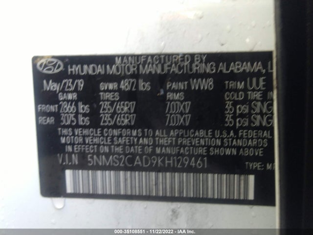 2019 Hyundai Santa Fe, VIN: 5NMS2CAD9KH129461