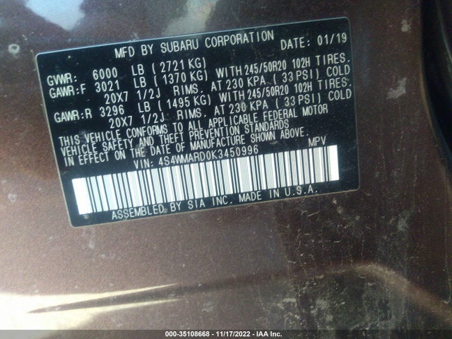 2019 Subaru Ascent, VIN: 4S4WMARD0K3450996