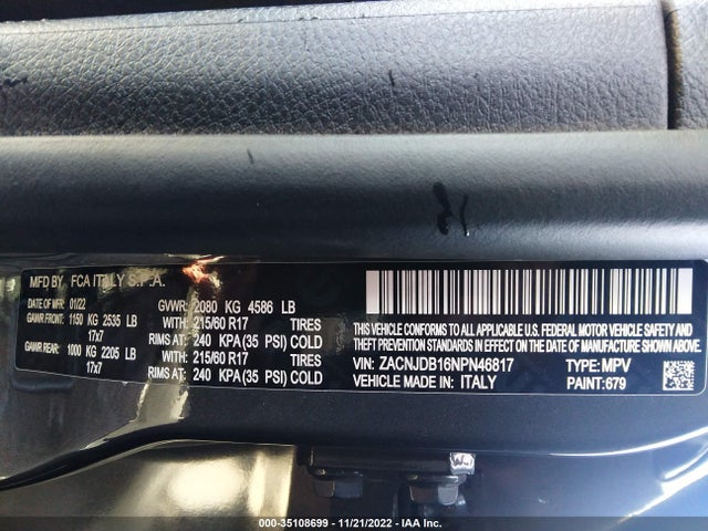 2022 Jeep Renegade, VIN: ZACNJDB16NPN46817