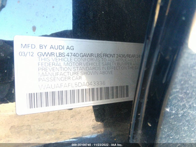 2013 AUDI A4 PREMIUM VIN: WAUAFAFL5DA043336