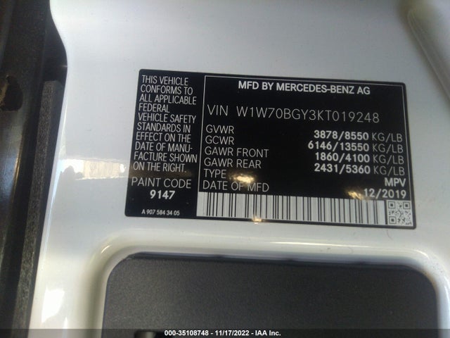 2019 MERCEDES-BENZ SPRINTER CARGO VAN VIN: W1W70BGY3KT019248