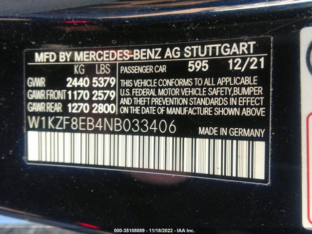 2022 Mercedes-Benz E-Class, VIN: W1KZF8EB4NB033406