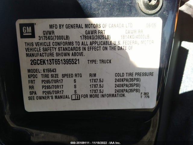 2005 CHEVROLET SILVERADO 1500 Z71 VIN: 2GCEK13T651395521