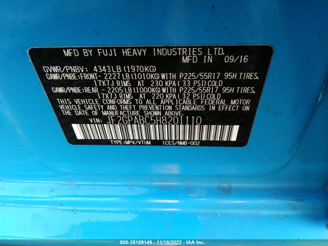 2017 SUBARU CROSSTREK PREMIUM VIN: JF2GPABC5H8201110