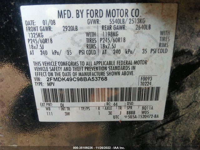 2008 FORD EDGE LIMITED VIN: 2FMDK49C98BA53768