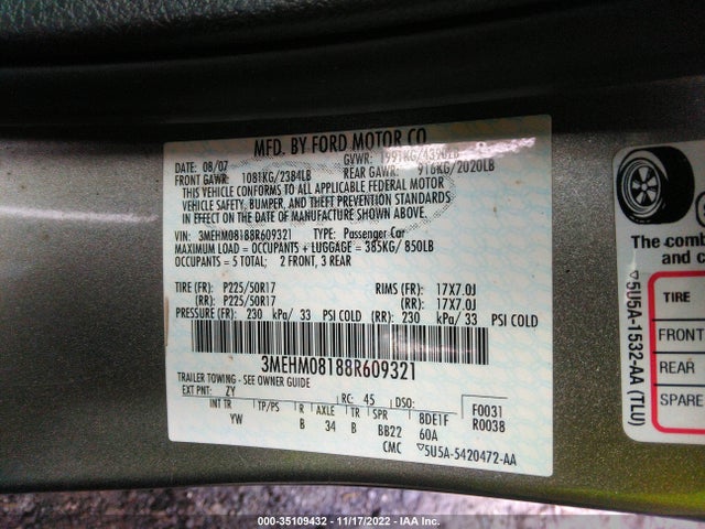 2008 MERCURY MILAN PREMIER VIN: 3MEHM08188R609321