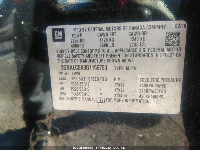 Chevrolet EQUINOX LT 2016 2GNALCEK9G1156759 Image 9