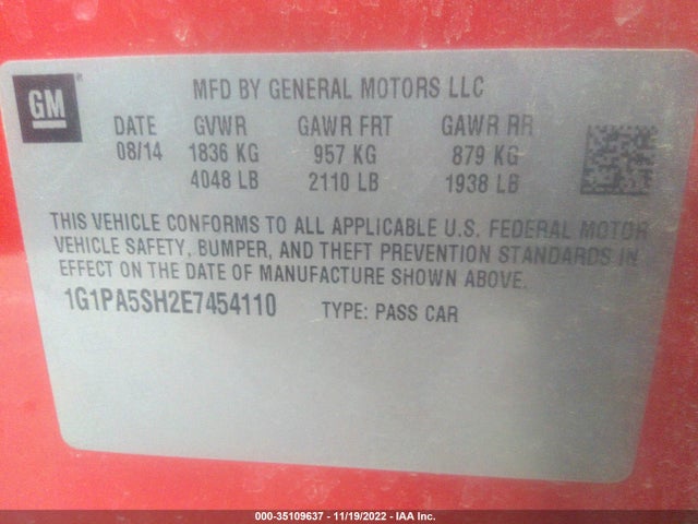 35109637 :رقم المزاد ، 1G1PA5SH2E7454110 vin ، 2014 Chevrolet Cruze Ls مزاد بيع