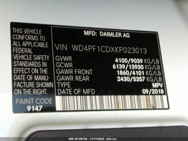 2019 Mercedes-Benz Sprinter, VIN: WD4PF1CDXKP023013