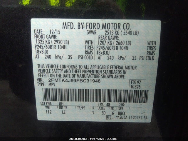 2015 Ford Edge, VIN: 2FMTK4J99FBC31946