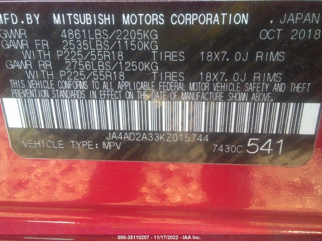2019 Mitsubishi Outlander, VIN: JA4AD2A33KZ015744