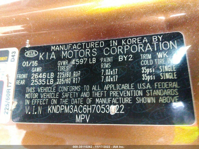 2017 Kia Sportage, VIN: KNDPM3AC6H7053222