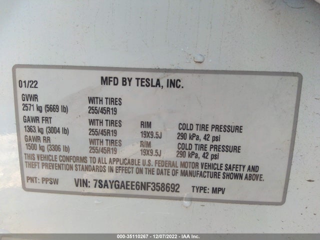 Tesla Model Y Long Range 2022 7SAYGAEE6NF358692 Image 9