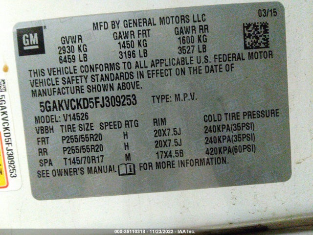 2015 Buick Enclave, VIN: 5GAKVCKD5FJ309253