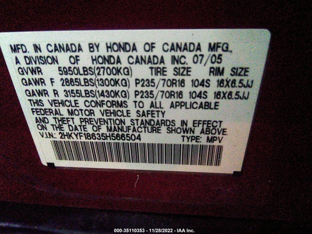 2005 HONDA PILOT EX-L WITH RES VIN: 2HKYF18635H566504