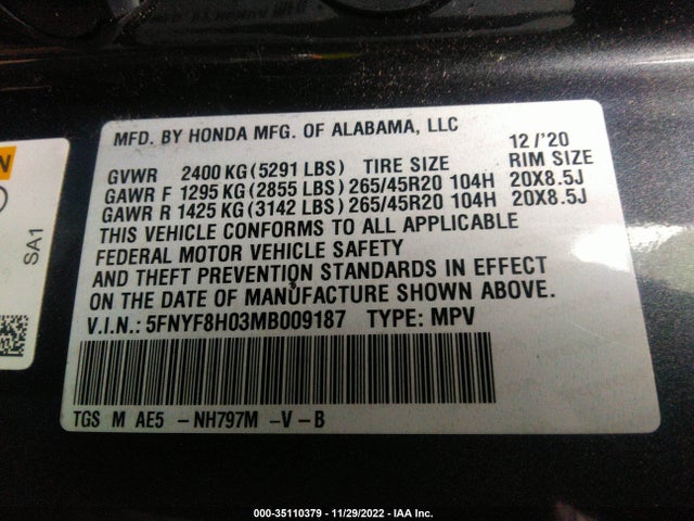 2021 HONDA PASSPORT ELITE VIN: 5FNYF8H03MB009187