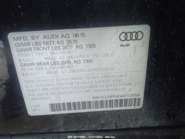 2016 Audi Q5, VIN: WA1CCAFP4GA012858