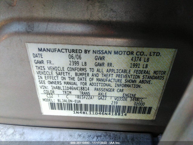 2006 NISSAN ALTIMA 3.5 SL VIN: 1N4BL11D46N418814
