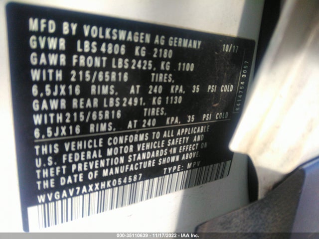 WVGAV7AXXHK054587 Volkswagen TIGUAN