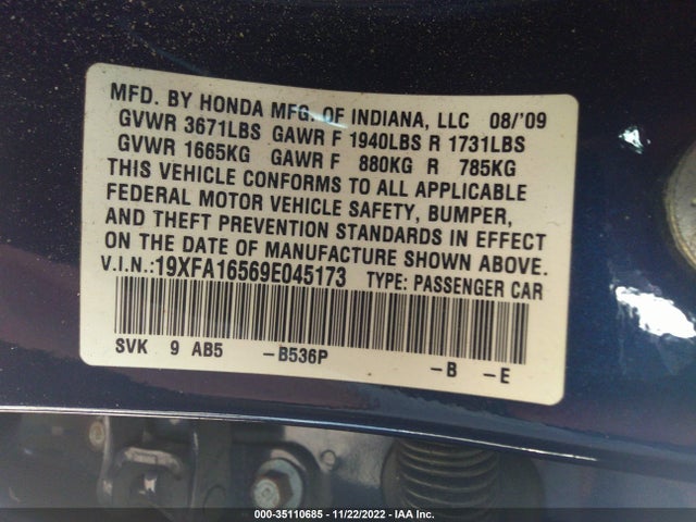 2009 HONDA CIVIC SDN LX VIN: 19XFA16569E045173