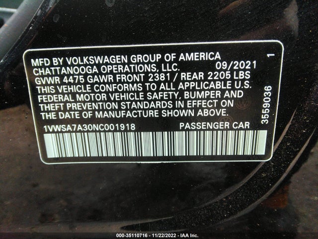 2022 Volkswagen Passat, VIN: 1VWSA7A30NC001918