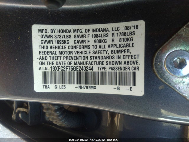 Honda Civic Sedan Ex 2016 19XFC2F75GE240244 Image 9