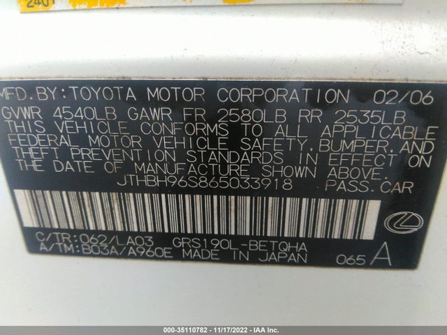 2006 LEXUS GS 300 VIN: JTHBH96S865033918