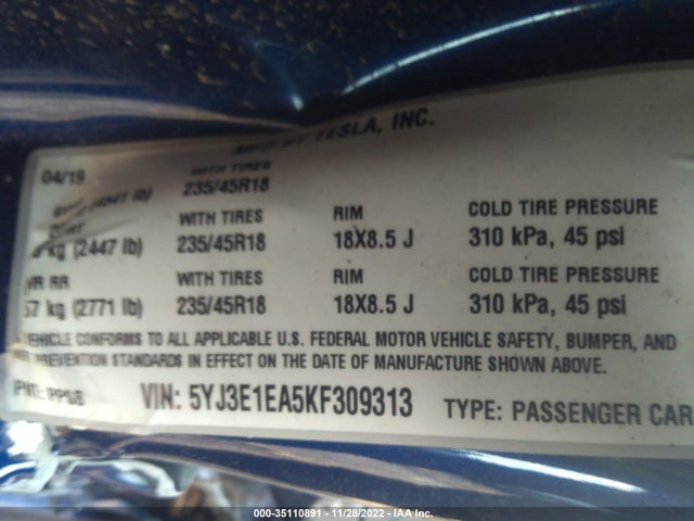 Tesla Model 3 Range 2019 5YJ3E1EA5KF309313 Image 9