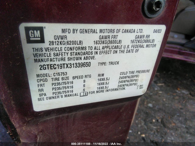 2003 GMC SIERRA 1500 SLE VIN: 2GTEC19TX31339650