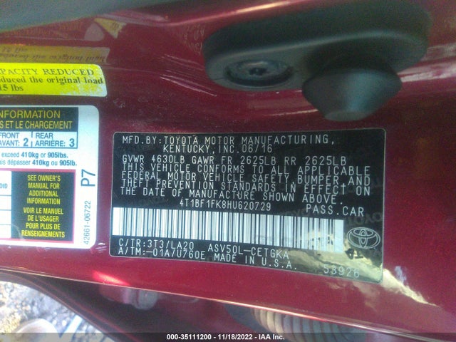 2017 TOYOTA CAMRY XLE/SE/LE/XSE VIN: 4T1BF1FK8HU620729