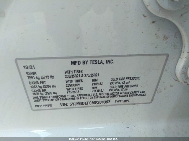 Tesla Model Y Performance 2021 5YJYGDEF0MF304357 Image 9
