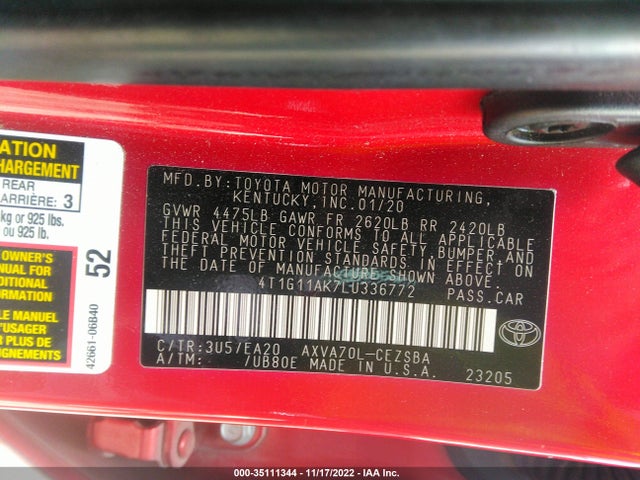2020 Toyota Camry, VIN: 4T1G11AK7LU336772