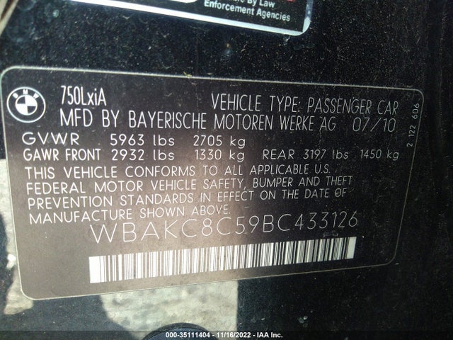 35111404 :رقم المزاد ، WBAKC8C59BC433126 vin ، 2011 Bmw 7 Series 750li Xdrive مزاد بيع