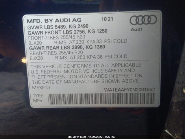 WA1EAAFY0N2031552 Audi Q5 S Line Premium Plus