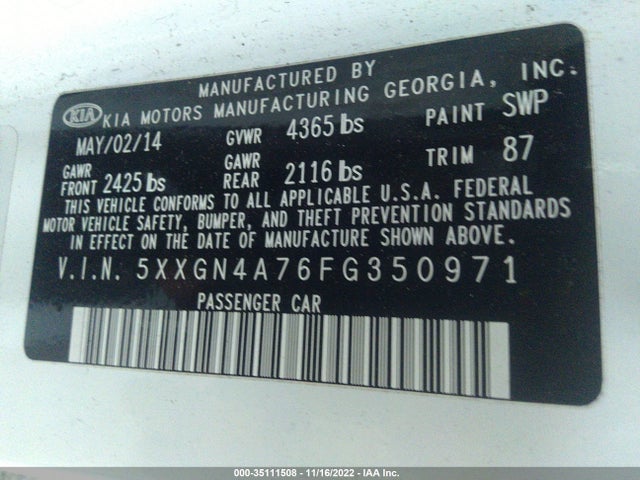 2015 Kia Optima, VIN: 5XXGN4A76FG350971