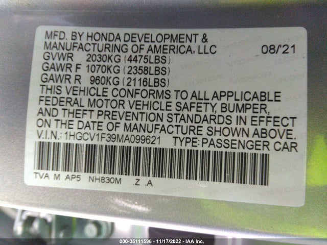 2021 HONDA ACCORD SEDAN SPORT VIN: 1HGCV1F39MA099621