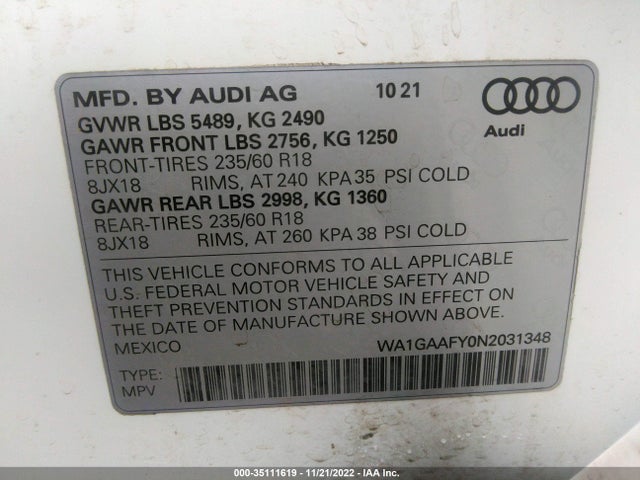2022 Audi Q5, VIN: WA1GAAFY0N2031348